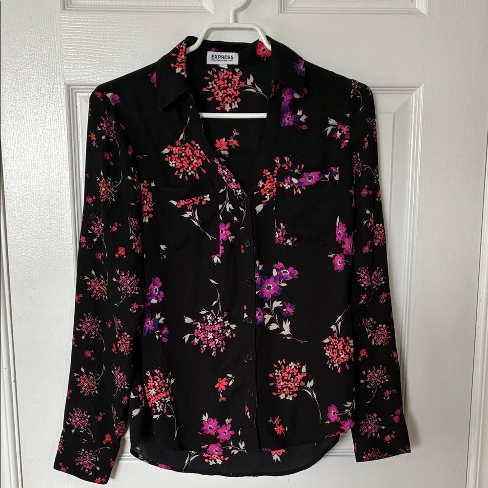 Express Women's Black Top with Pink and Purple Floral Design